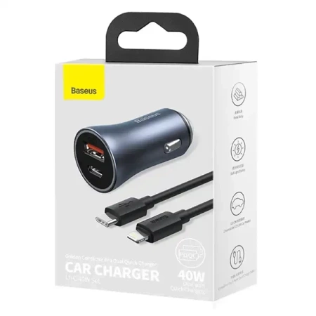 Ładowarka samochodowa Baseus Golden Contactor Pro, USB + USB-C, QC4.0+, PD, SCP, 40W (szara) + kabel USB-C do iP 1m (czarny)