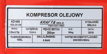 KOMPRESOR OLEJOWY SPRĘŻARKA 100L KD1483