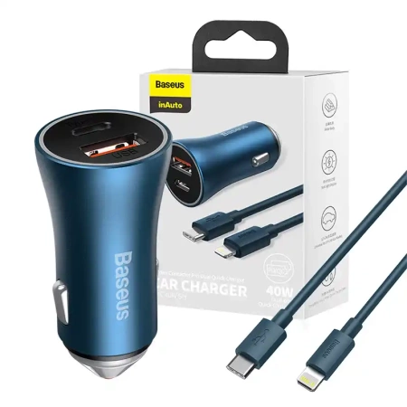 Ładowarka samochodowa Baseus Golden Contactor Pro, USB + USB-C, QC4.0+, PD, SCP, 40W (niebieska) + kabel USB-C do Lightning 1m (niebieski)