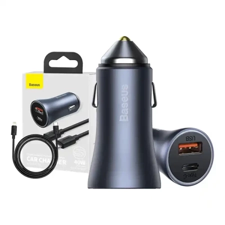 Ładowarka samochodowa Baseus Golden Contactor Pro, USB + USB-C, QC4.0+, PD, SCP, 40W (szara) + kabel USB-C do iP 1m (czarny)