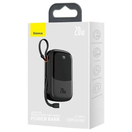 Powerbank Baseus Qpow PRO z kablem Lightning, portem USB-C i USB, 20000mAh, 20W (czarny)